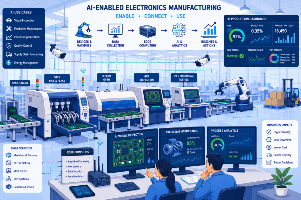 AI-enabled electronics manufacturing factory with smart machines, IoT sensors, edge computing, AI analytics, visual inspection, and predictive maintenance