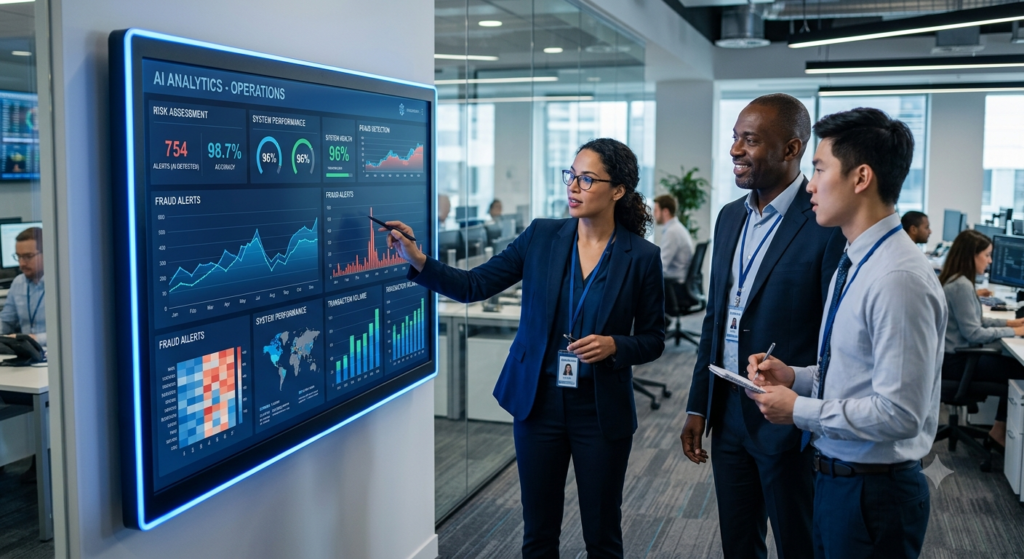 Bank employees reviewing AI-powered analytics dashboards in a modern banking operations center