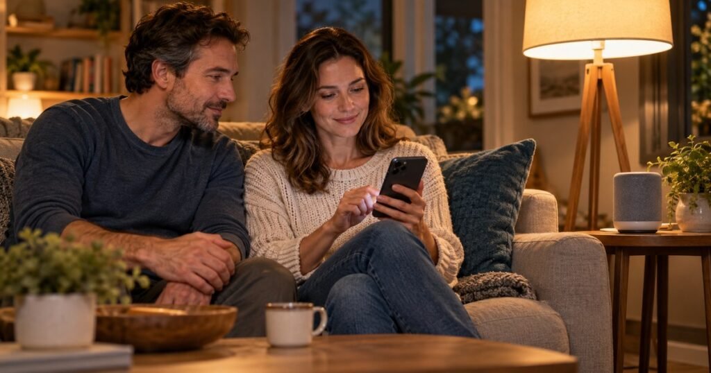 Two adults explore how to enable AI in a home using a smartphone beside a floor lamp and voice speaker.