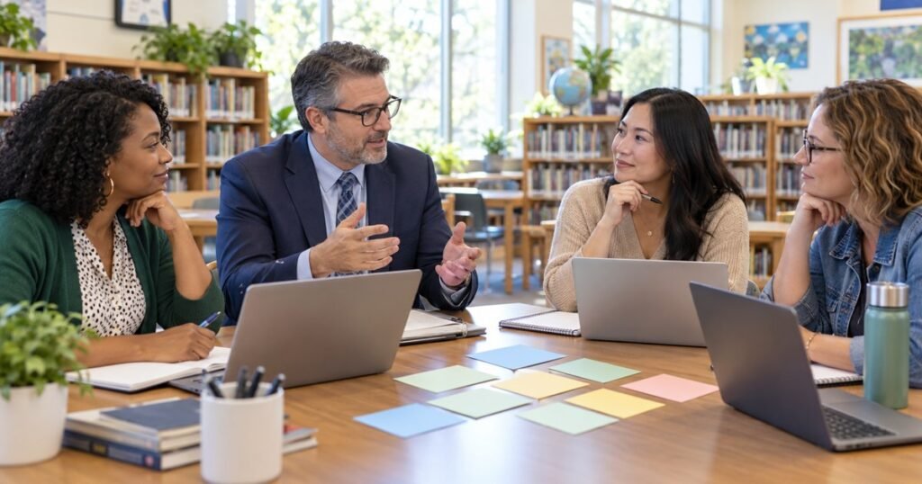 School leaders discussing how to enable AI in a school around a library meeting table.