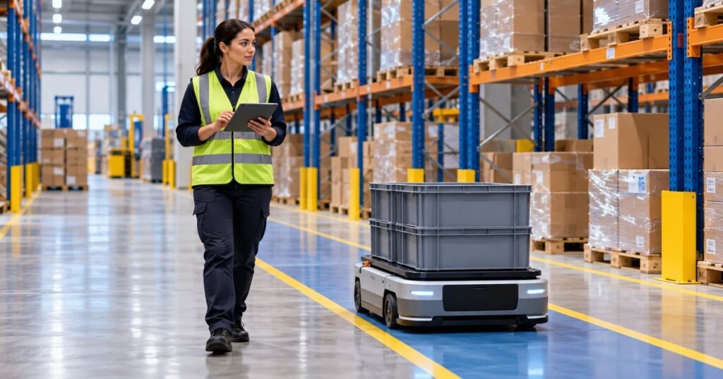 Warehouse supervisor with a tablet beside a mobile tote robot, illustrating how to enable AI in a warehouse