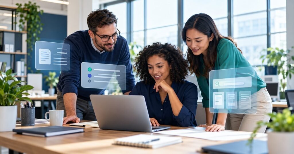 How to enable AI in an office with colleagues reviewing a laptop and illustrated document and search interfaces
